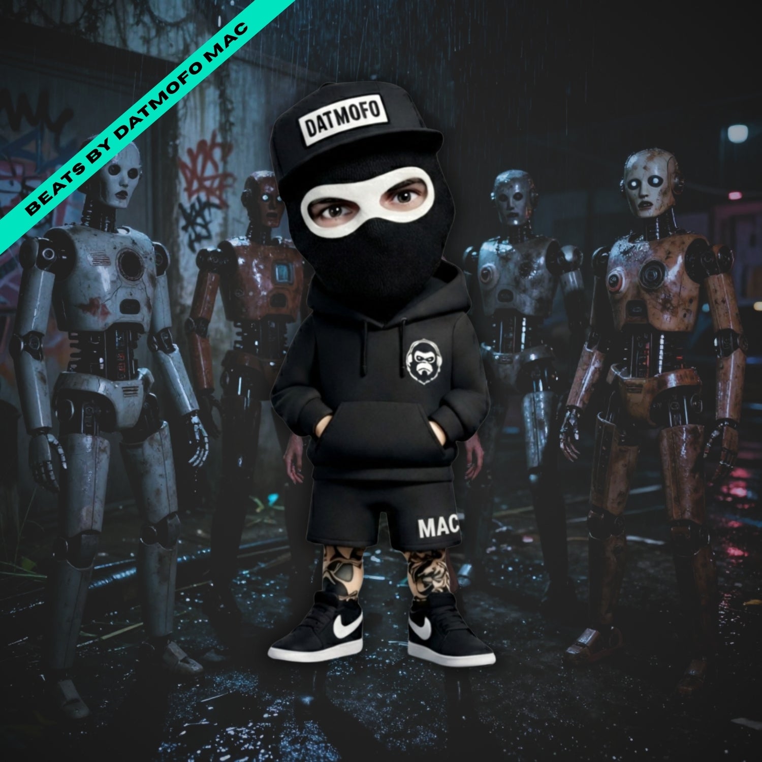 Person in black hoodie and mask standing in front of robot-like figures with 'DATMOFO' branding. hip hop beats music cover.