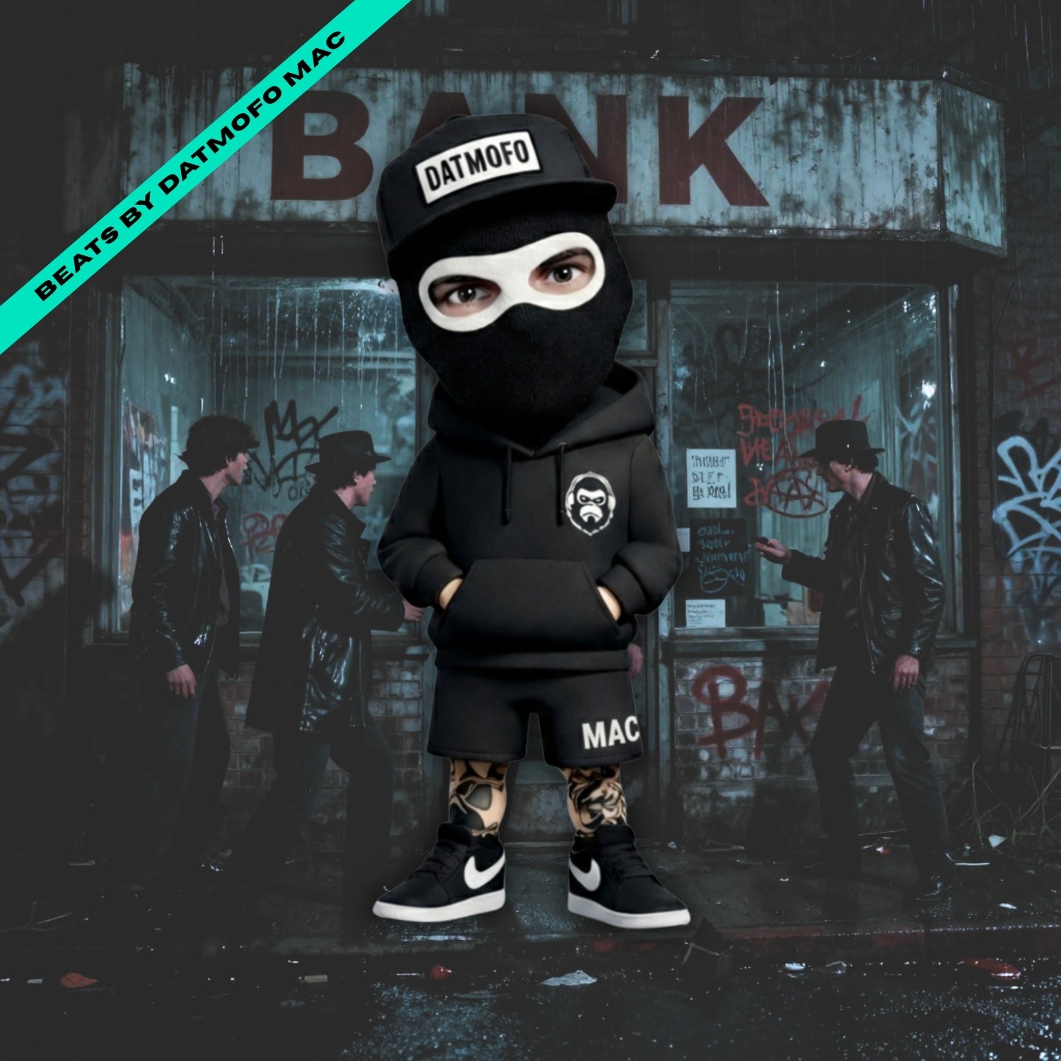 Person wearing a black outfit with 'DATMOFO' branding in front of a graffiti-covered wall. hip hop beats music cover.