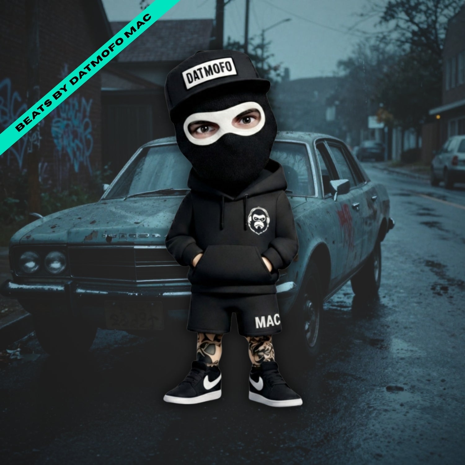 Person wearing a black outfit with 'DATMOFO' branding in front of a car on a street. hip hop beats music cover.