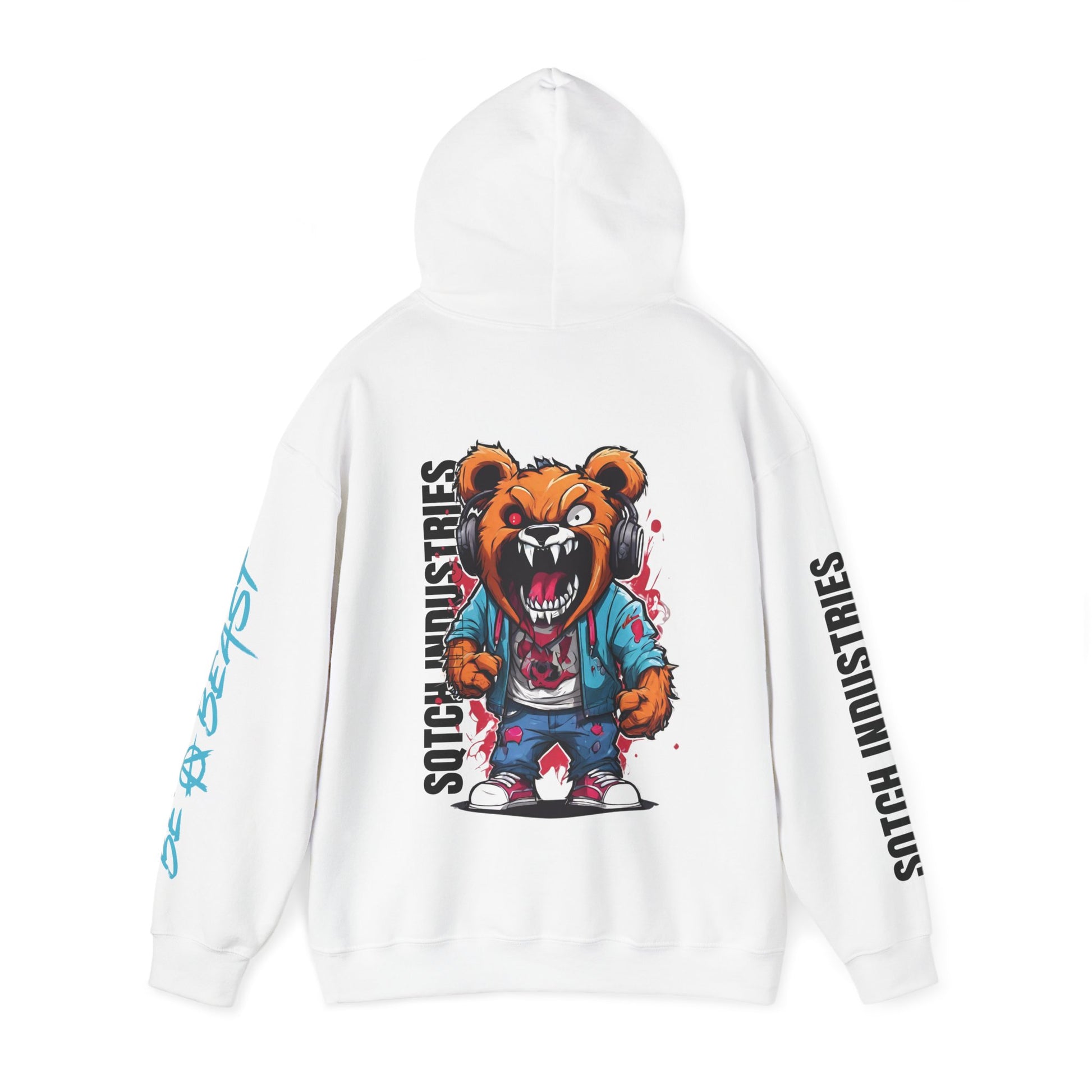 Back of a white teddy bear graphic cartoon hoodie, hood up