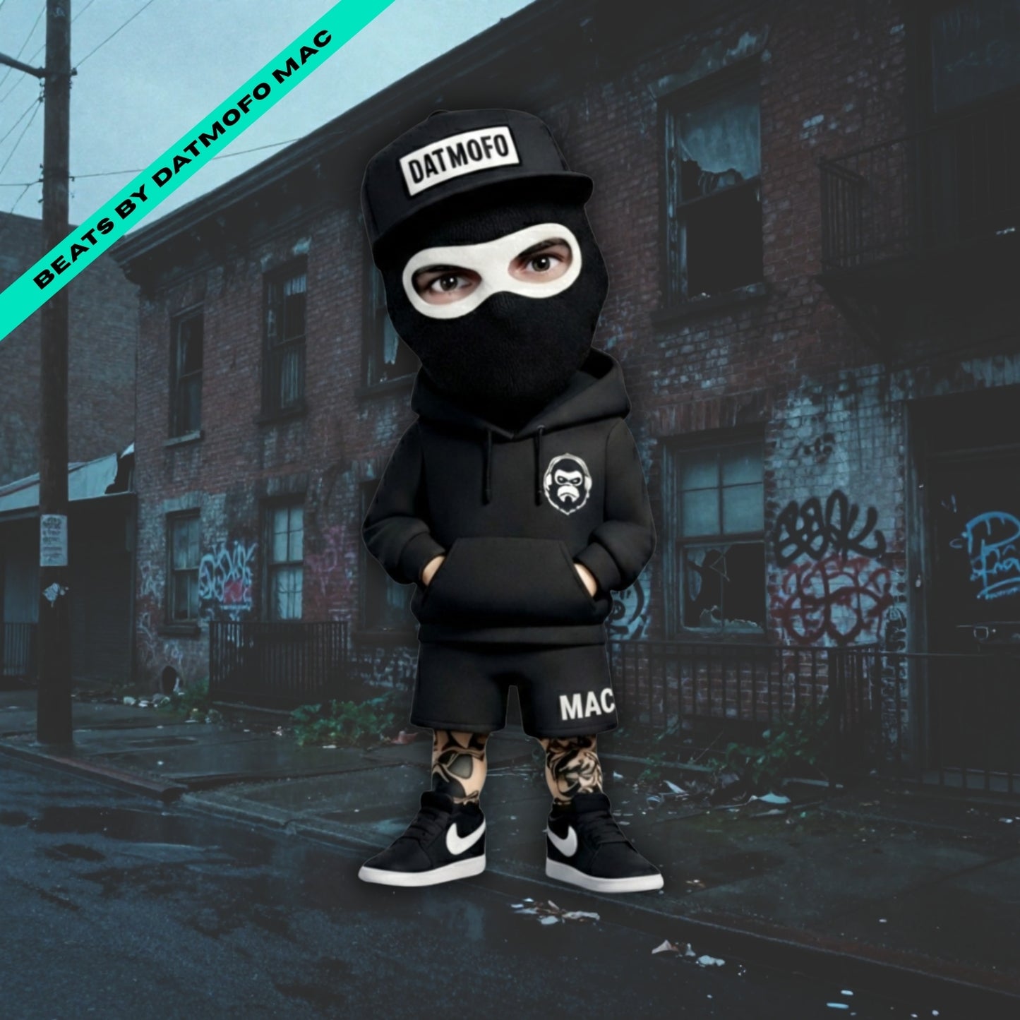 Person wearing a black outfit with 'DATMOFO' branding in an urban setting. hip hop beats music cover.