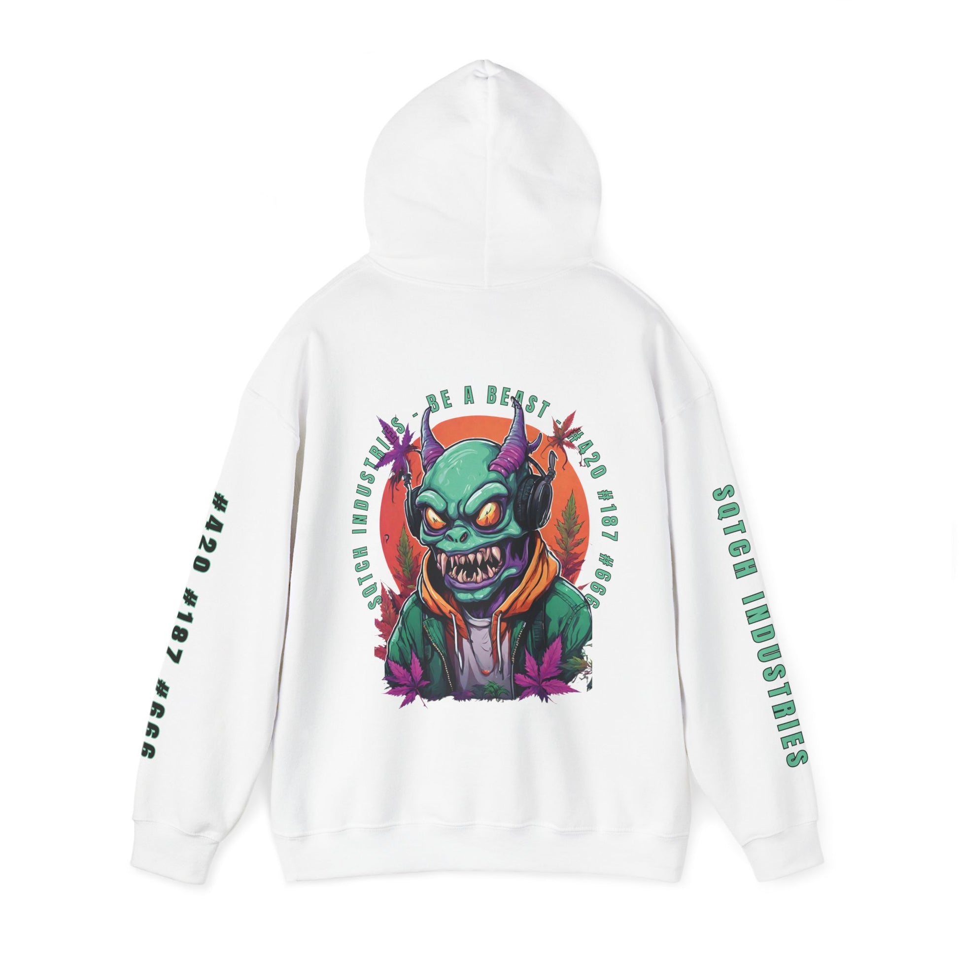 Back of a white cartoon style gunja goblin four twenty hoody hood up