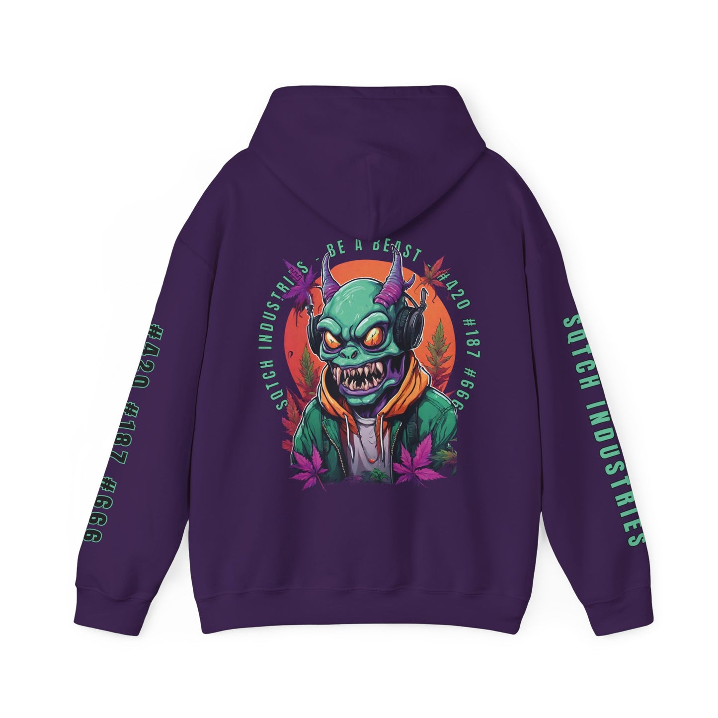 Back of a purple cartoon style gunja goblin four twenty hoody