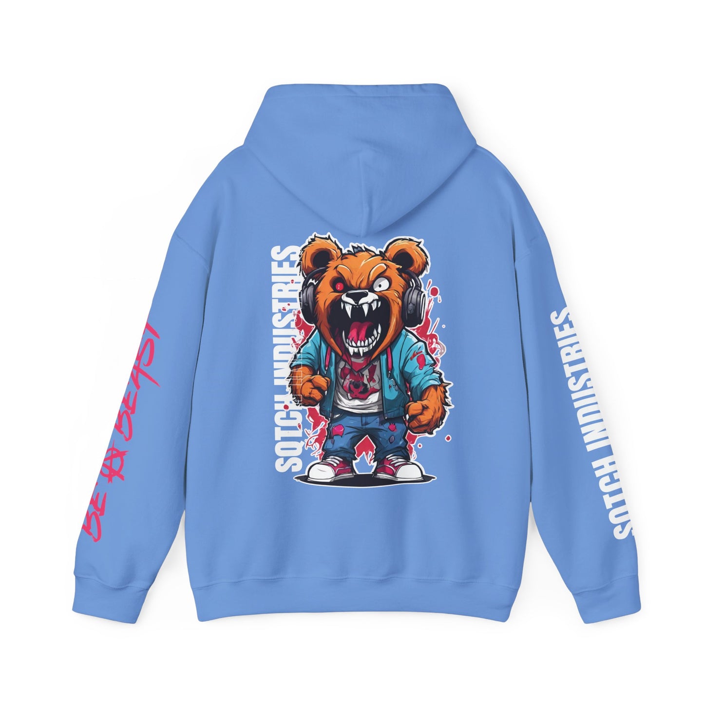 Back of a blue teddy bear graphic cartoon hoodie 