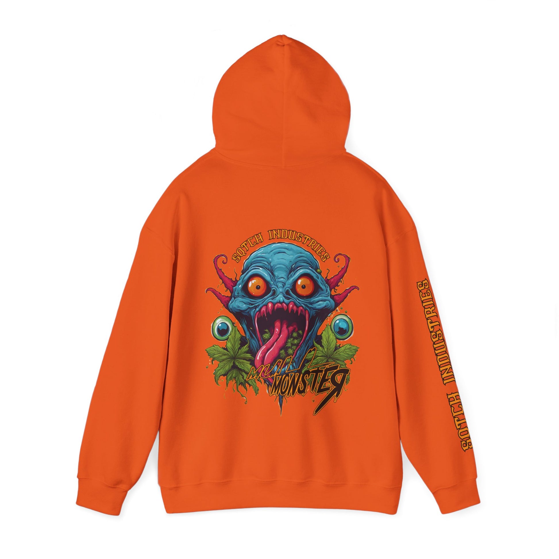 Back of a orange cartoon style four twenty hoody