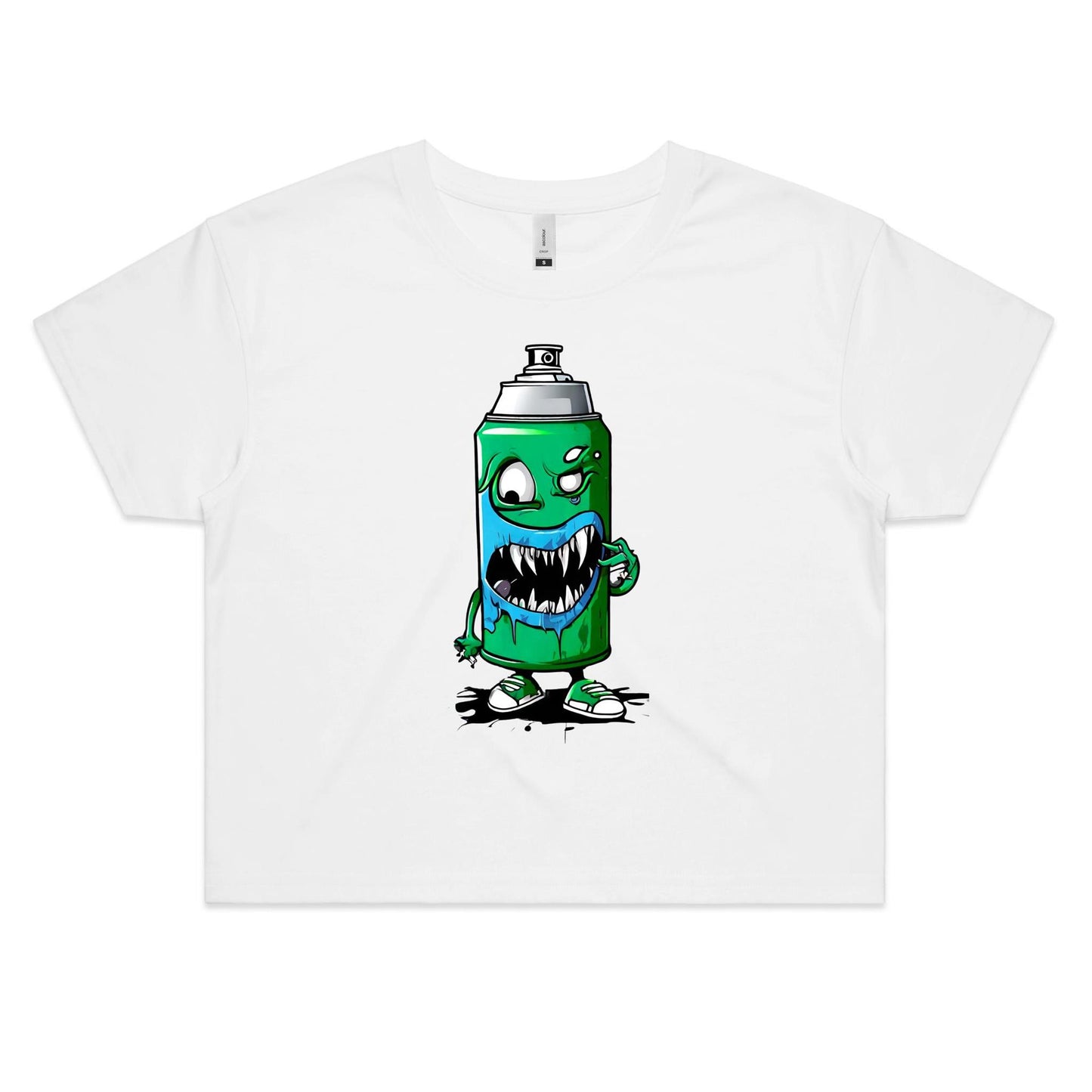 White ladies crop top tee with a spraycan type monster graphic