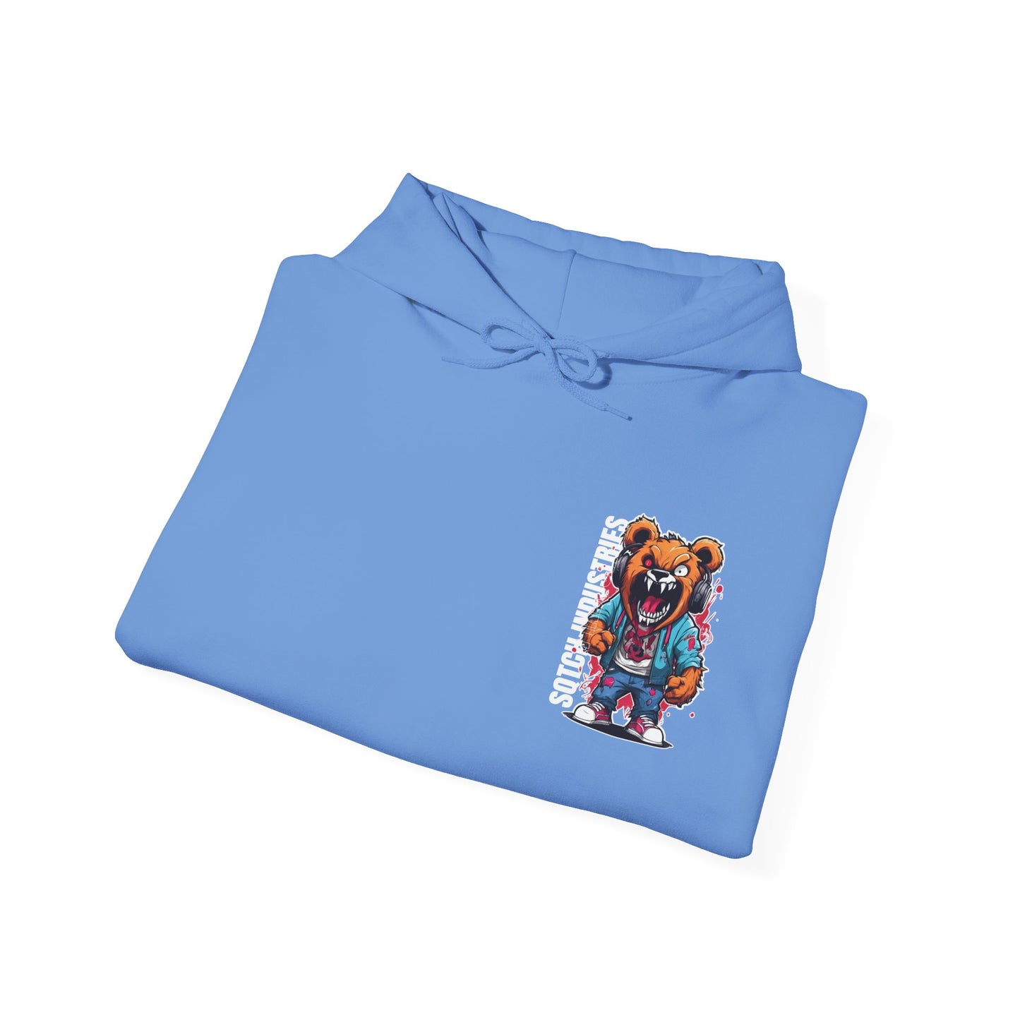 Blue teddy bear graphic cartoon hoodie, folded