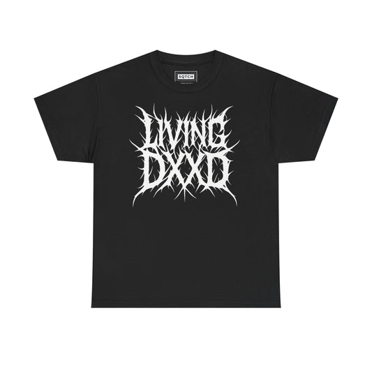 Black t-shirt with white 'Living Dead' graphic design on a white background