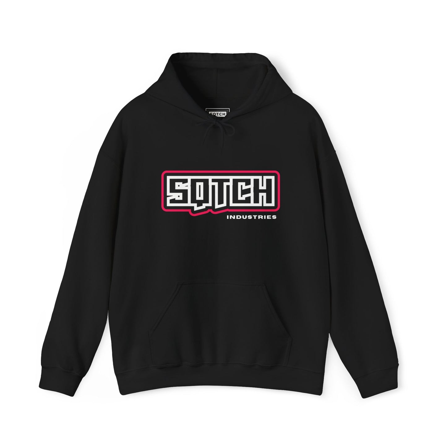 Black hooded sweatshirt with 'Sqtch Industries Essential Logo' printed in the center on the chest area.