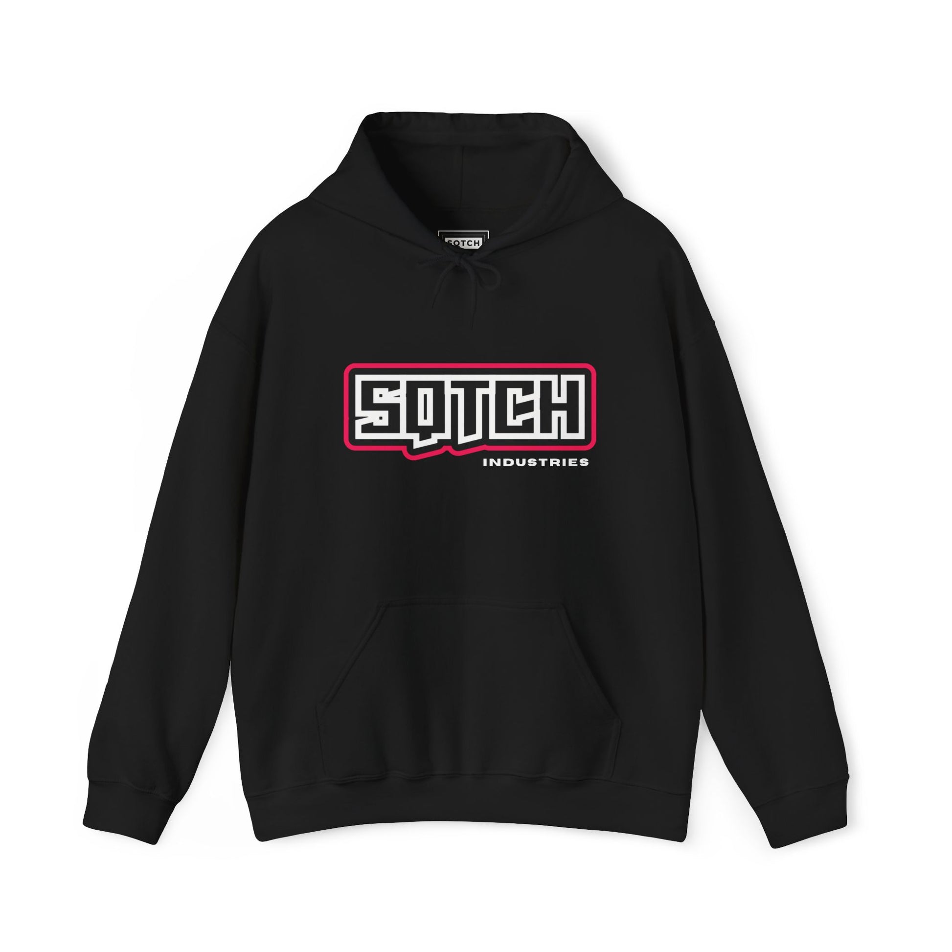 Black hooded sweatshirt with 'Sqtch Industries Essential Logo' printed in the center on the chest area.