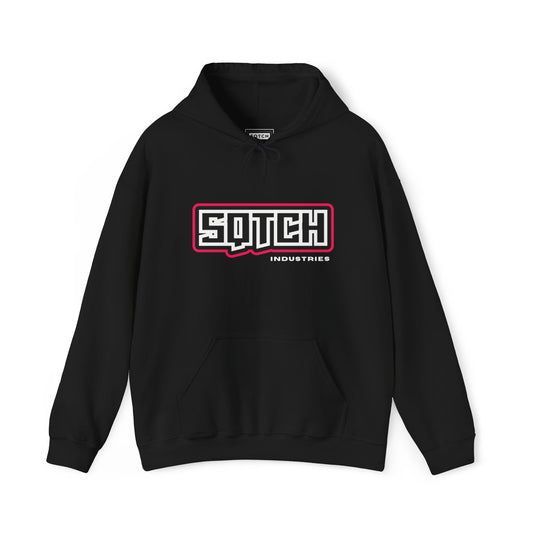 Black hooded sweatshirt with 'Sqtch Industries Essential Logo' printed in the center on the chest area.