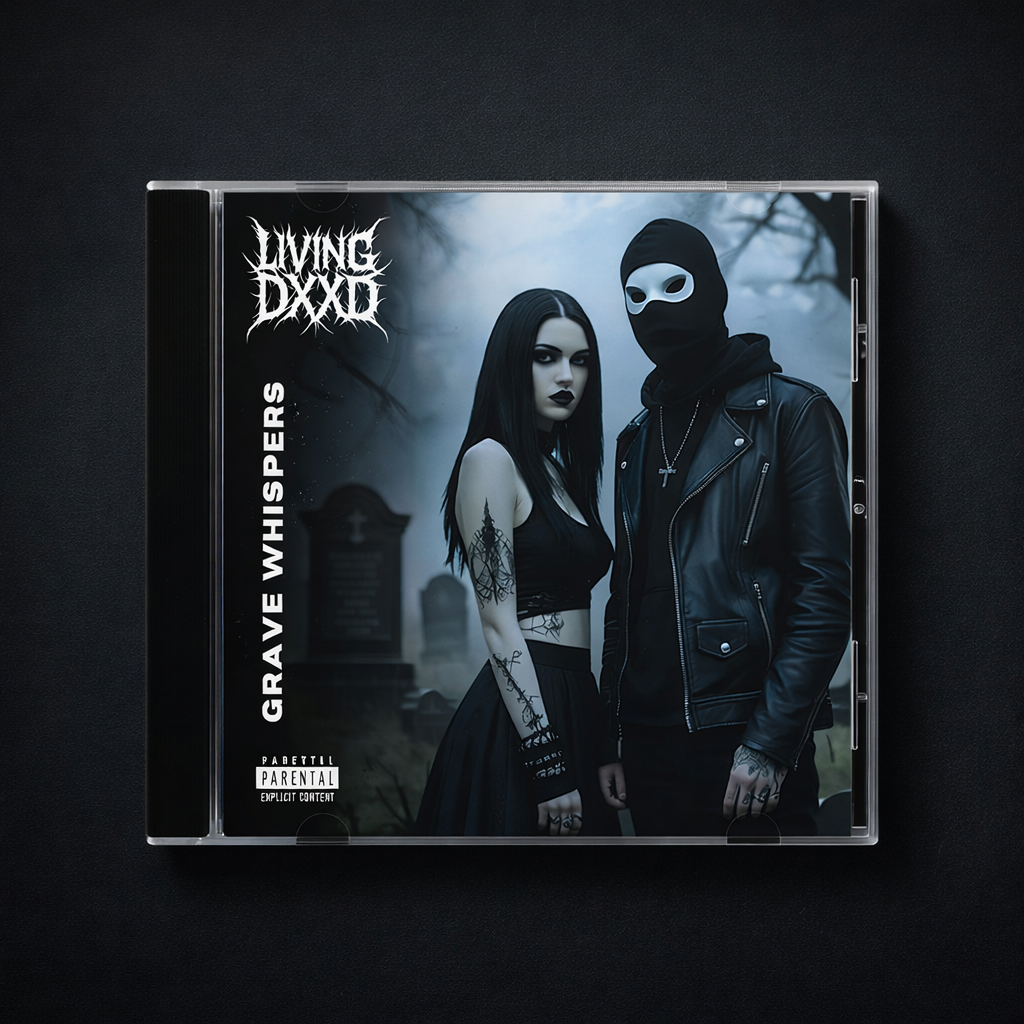 Album cover for 'Living DXXD Grave Whispers' featuring a masked figure and woman in a cemetery.