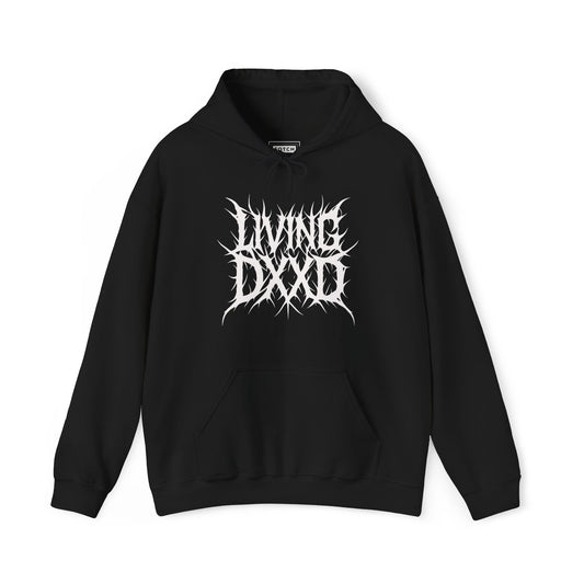 Black hoodie with white 'Living Dead' text on a white background