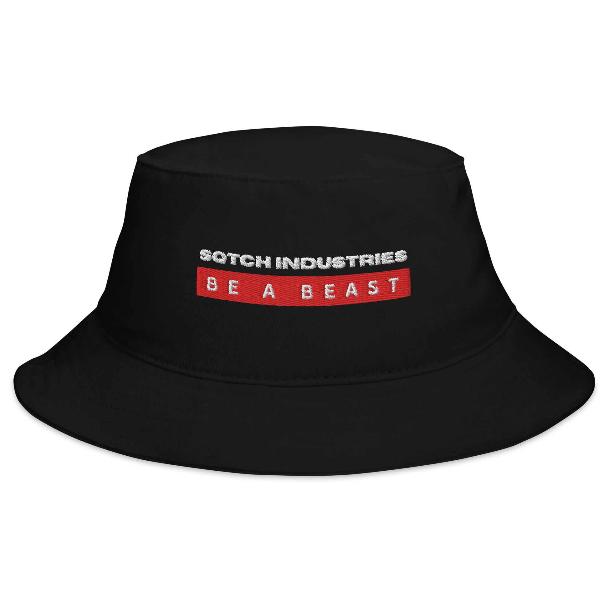 A black bucket hat with the text 'SQTCH INDUSTRIES BE A BEAST' printed on the front.