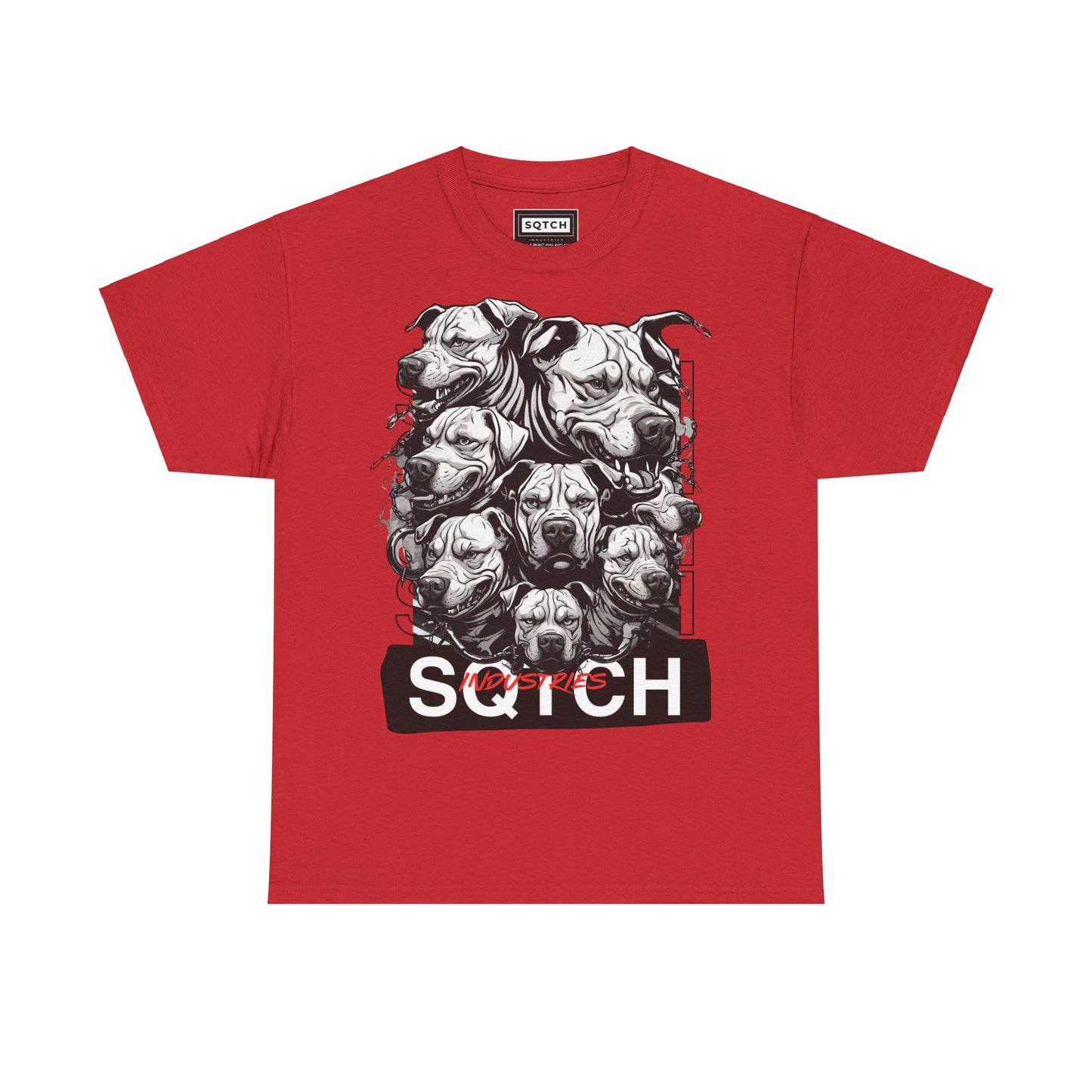 A red t-shirt with a graphic print of multiple dog heads in a line on the front, and the word 'SQTCH' prominently displayed below the dogs' heads.