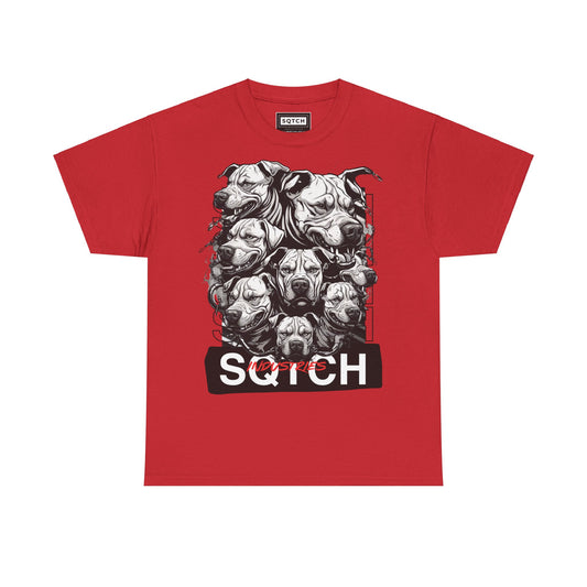 A red t-shirt with a graphic print of multiple dog heads in a line on the front, and the word 'SQTCH' prominently displayed below the dogs' heads.