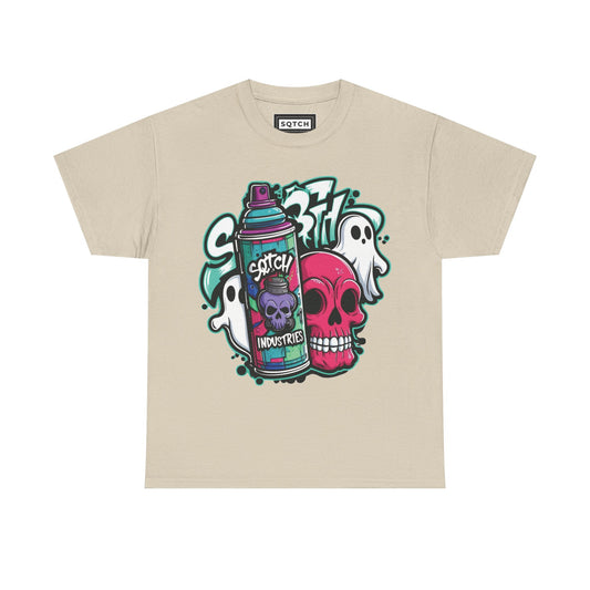 A beige t-shirt with a graphic design featuring a spray paint can and stylized ghosts and graffiti elements.