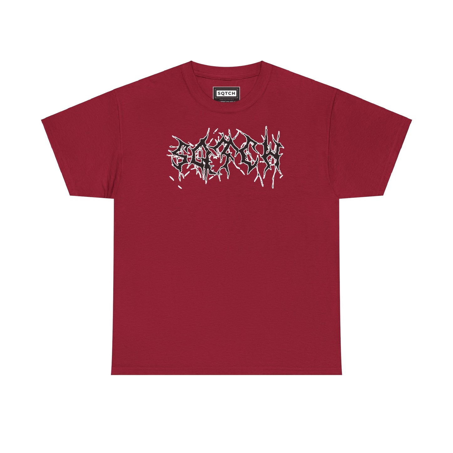 A maroon t-shirt with a modern grunge inspired design featuring a bold, abstract text in white on the front.