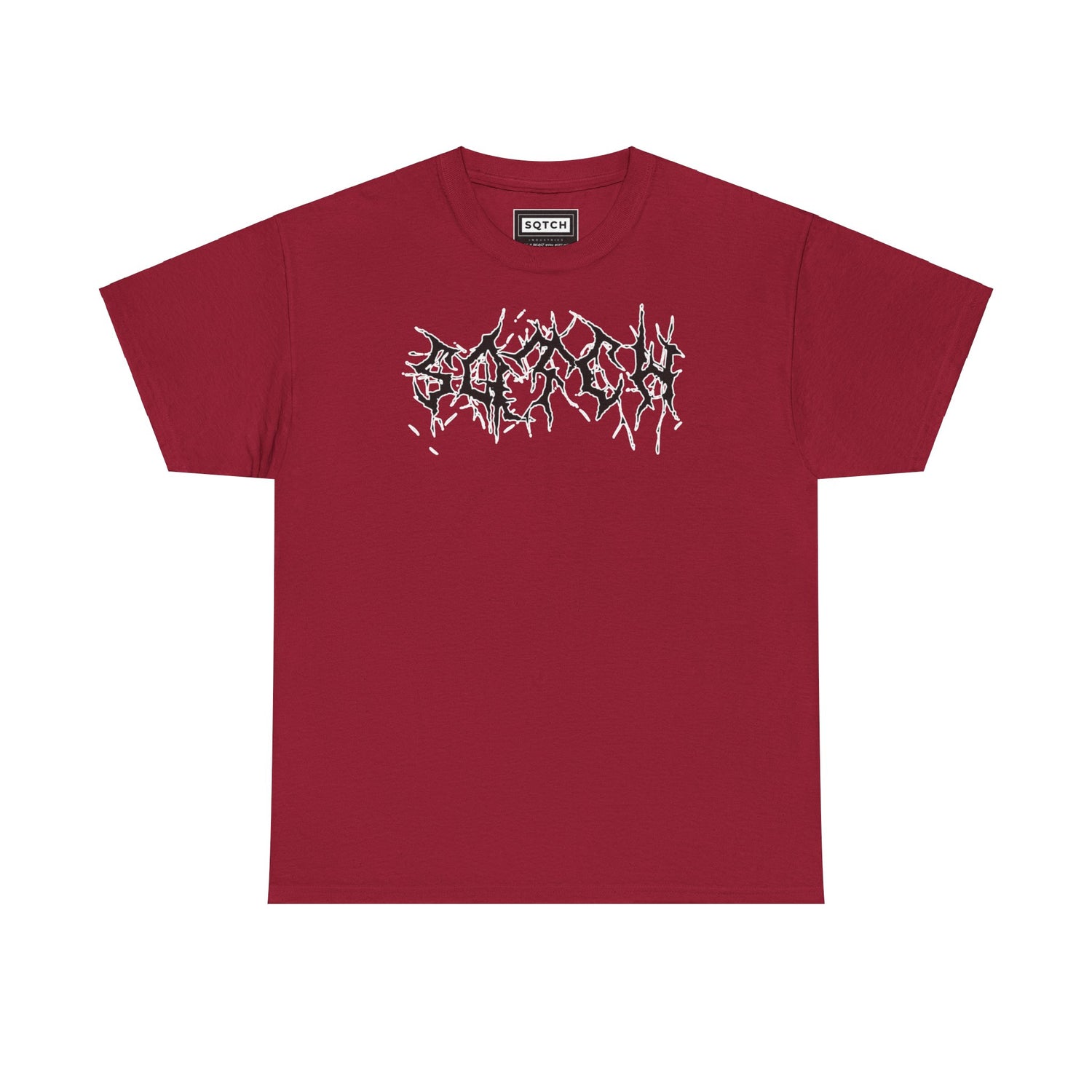 A maroon t-shirt with a modern grunge inspired design featuring a bold, abstract text in white on the front.
