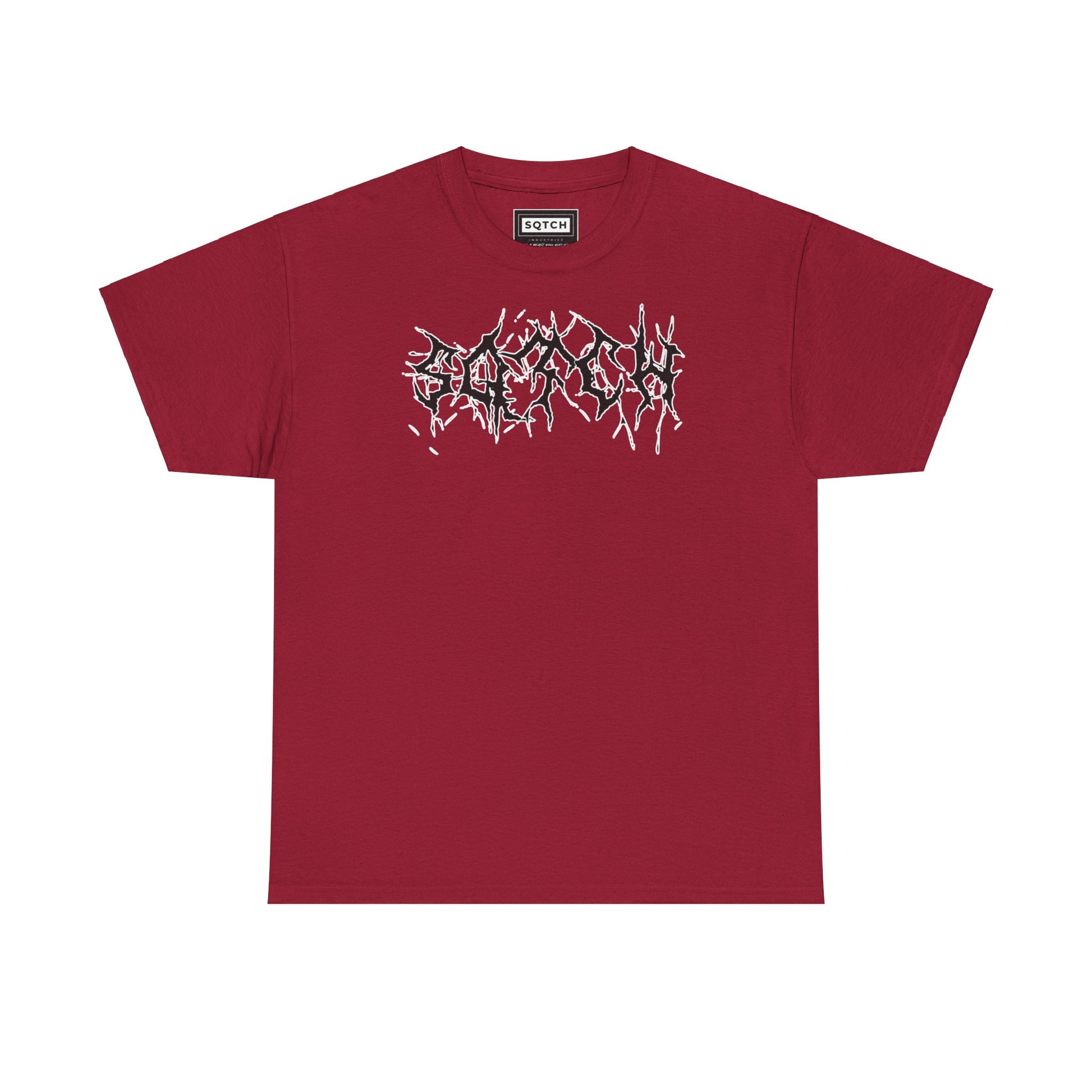A maroon t-shirt with a modern grunge inspired design featuring a bold, abstract text in white on the front.