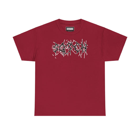 A maroon t-shirt with a modern grunge inspired design featuring a bold, abstract text in white on the front.