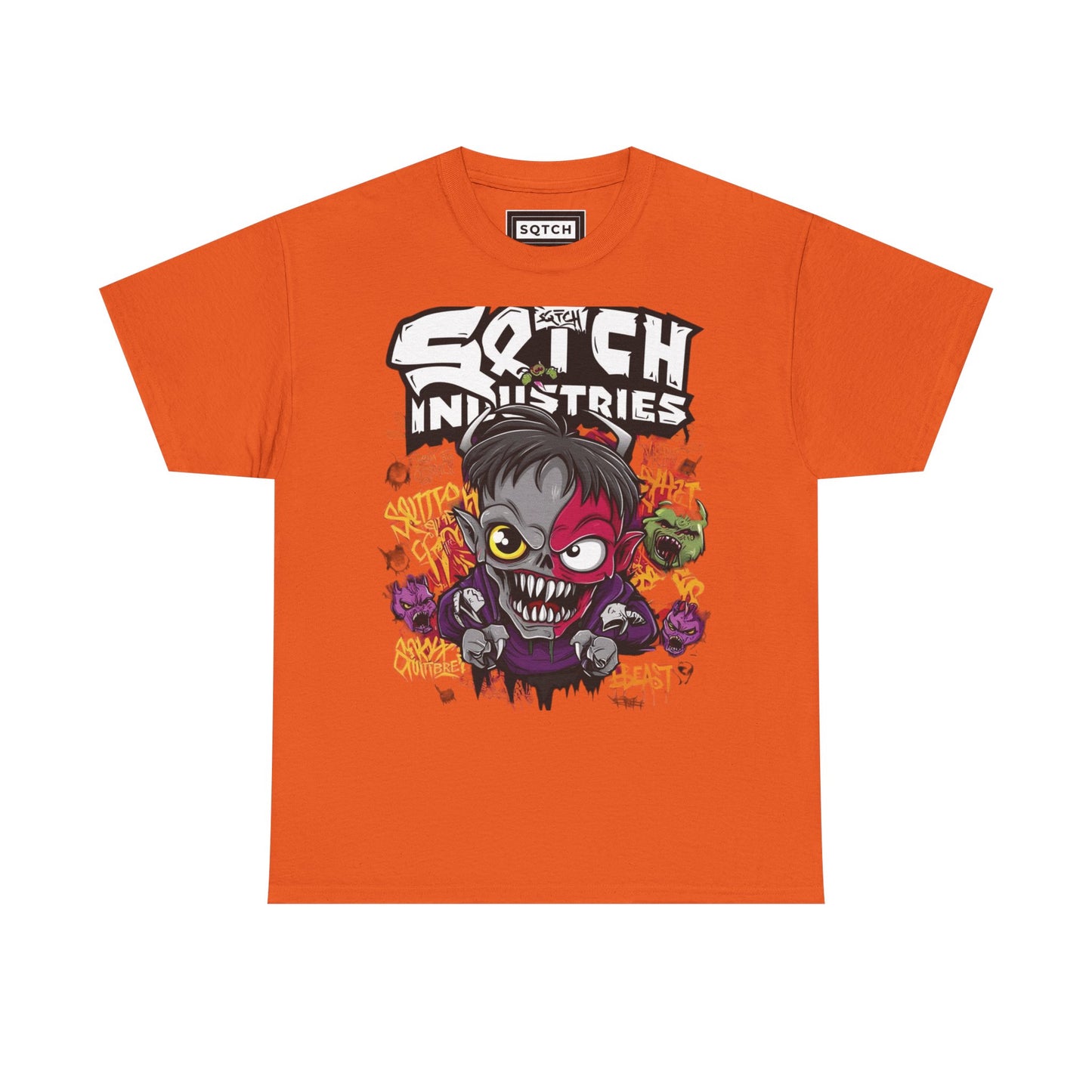 An orange t-shirt with a graphic print of a character and the text 'Sqtch Industries'.