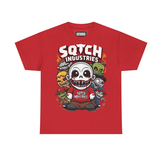 A red t-shirt featuring a graphic design with the text 'Sqtch Industries' and various colorful characters.