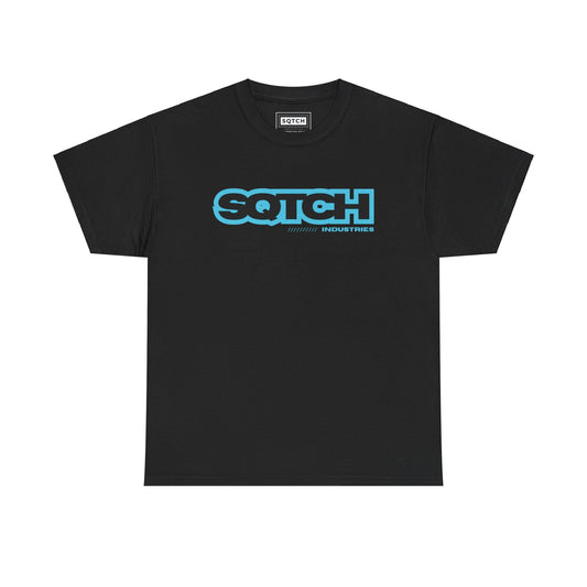 A black short-sleeved t-shirt with a blue logo that reads 'SQTCH' on the front.