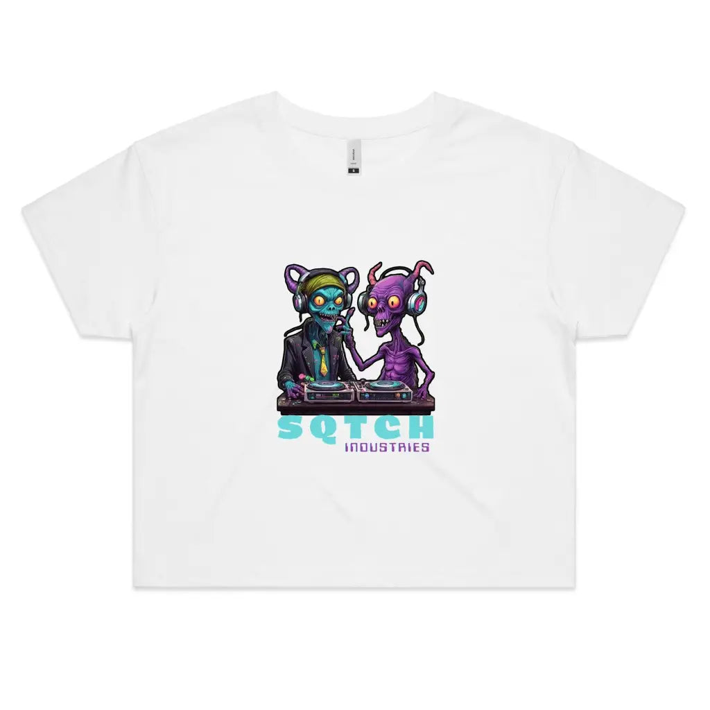 Alien Dj’s Graphic - Ladies Crop Tee White / Extra Small crop top, graphics, ladies,