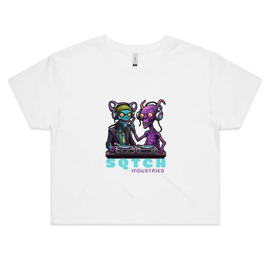 Alien Dj’s Graphic - Ladies Crop Tee White / Extra Small crop top, graphics, ladies,