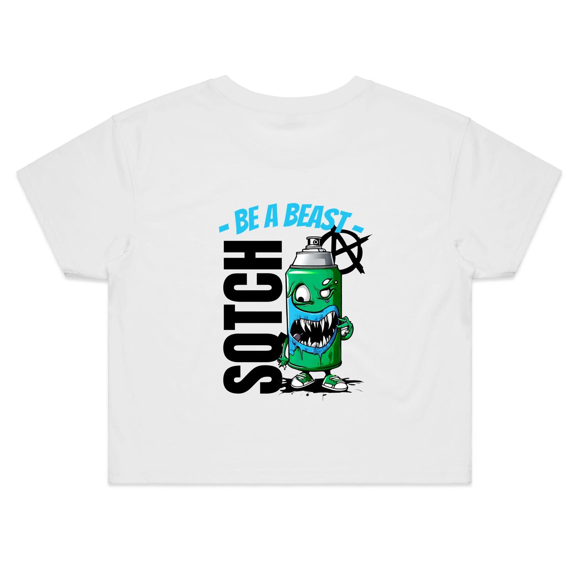 White ladies crop top tee with a spraycan type monster graphic