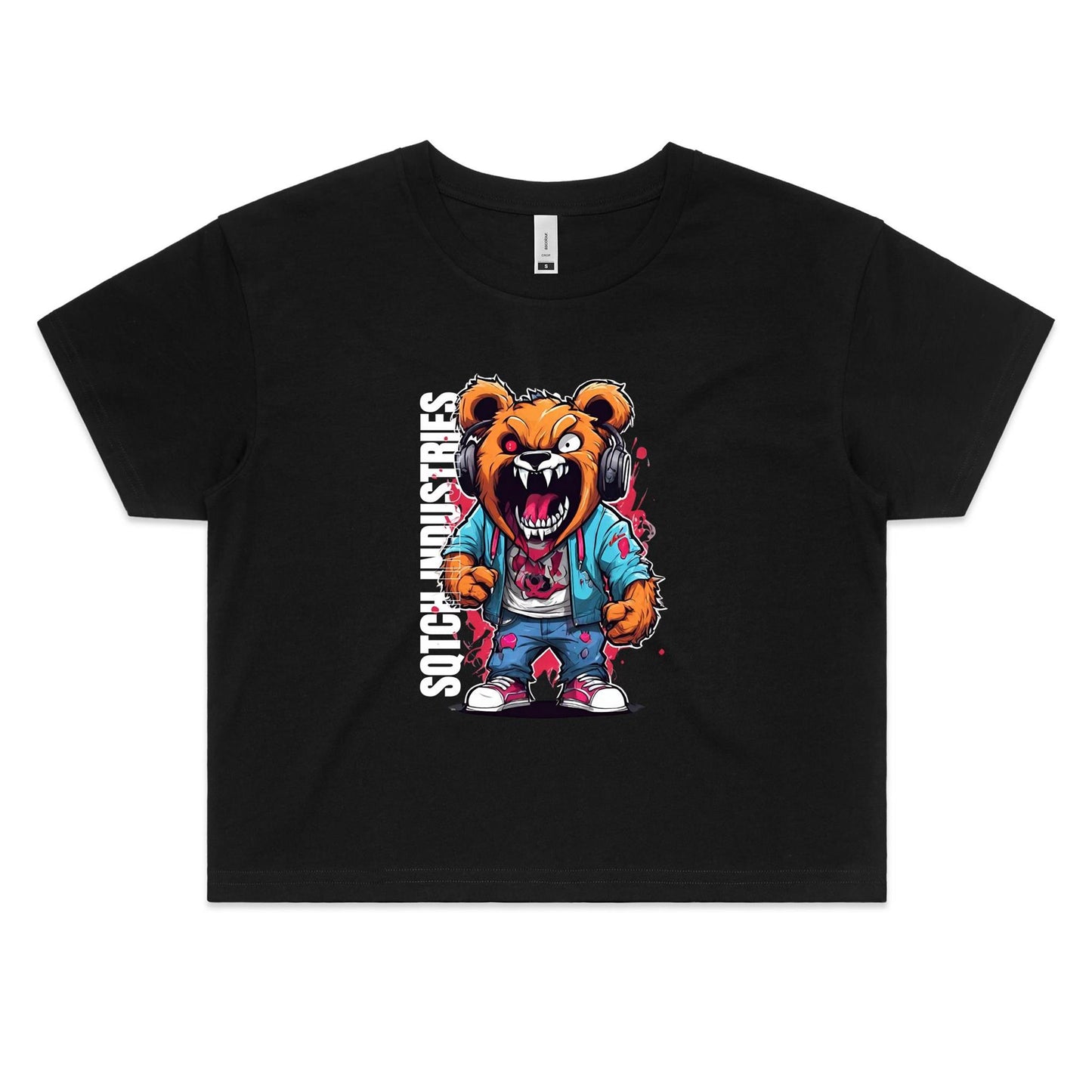 Black ladies crop top tee with a scary bear graphic