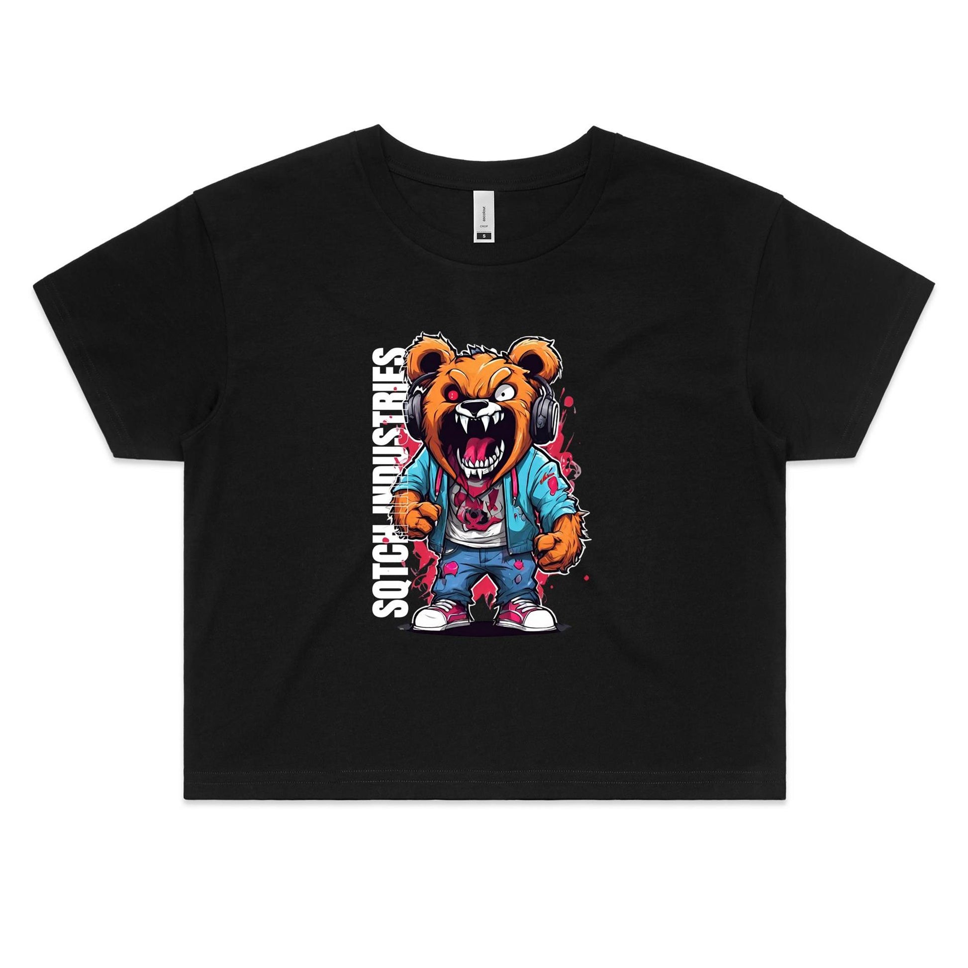 Black ladies crop top tee with a scary bear graphic