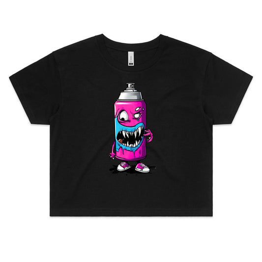 Black ladies crop top tee with a spraycan type monster graphic