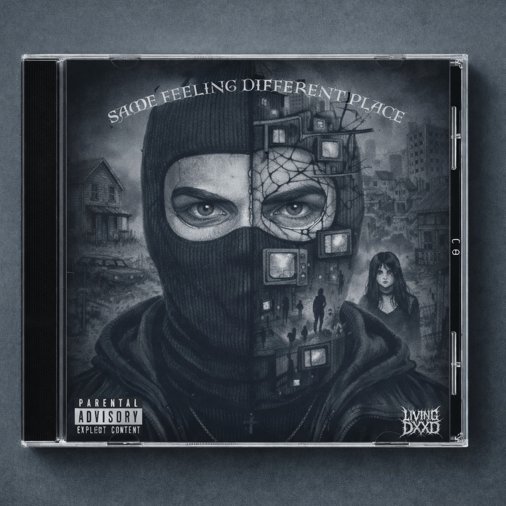 CD cover with a person wearing a mask and text on a dark background