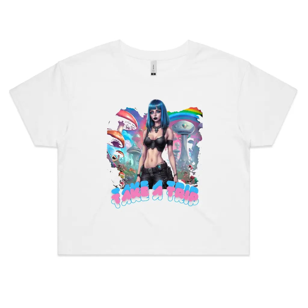 Sqtch Industries Take A Trip - Ladies Graphic Crop Tee White / Extra Small crop top,