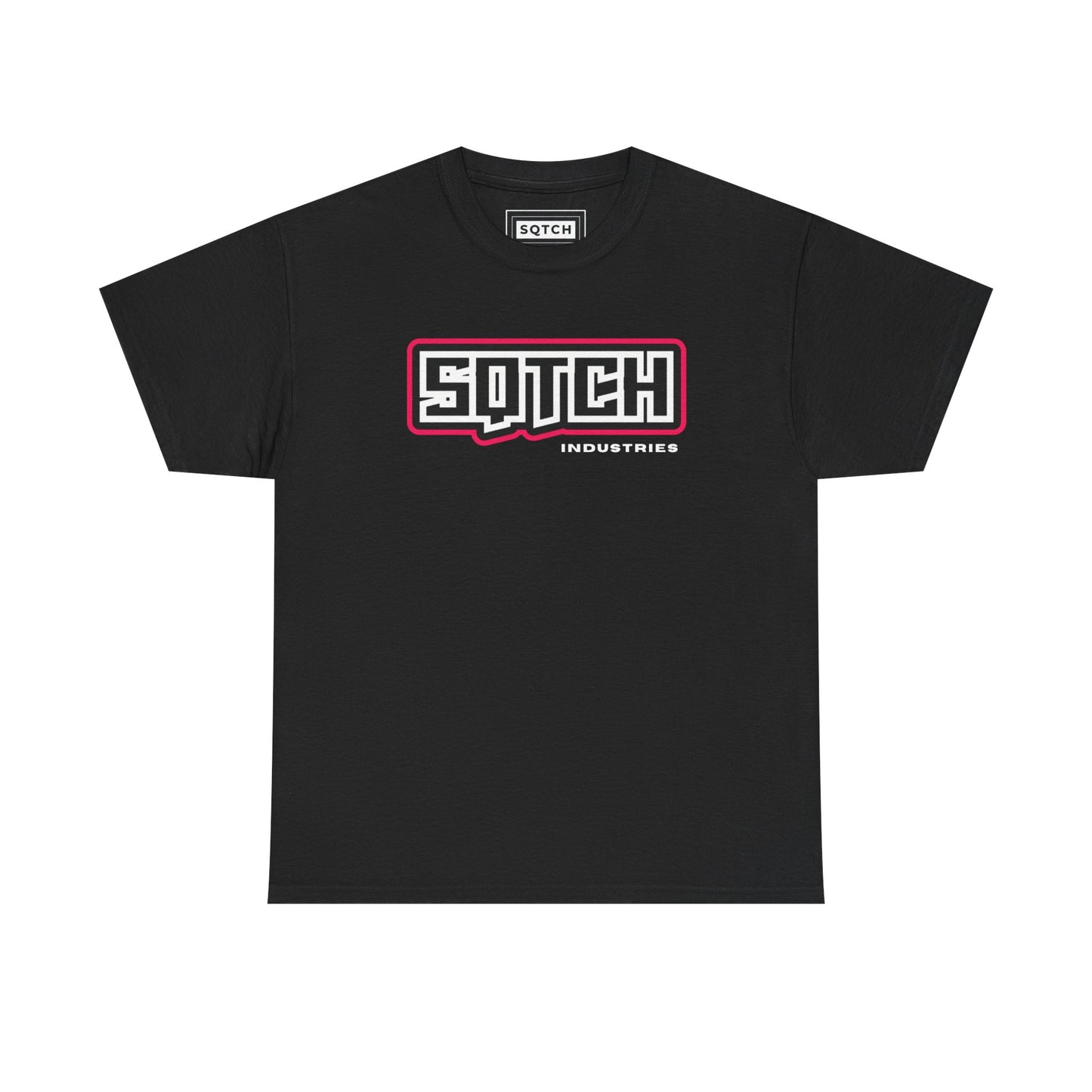 Black t-shirt with the Sqtch Industries Essential Logo printed in white and red on the front.