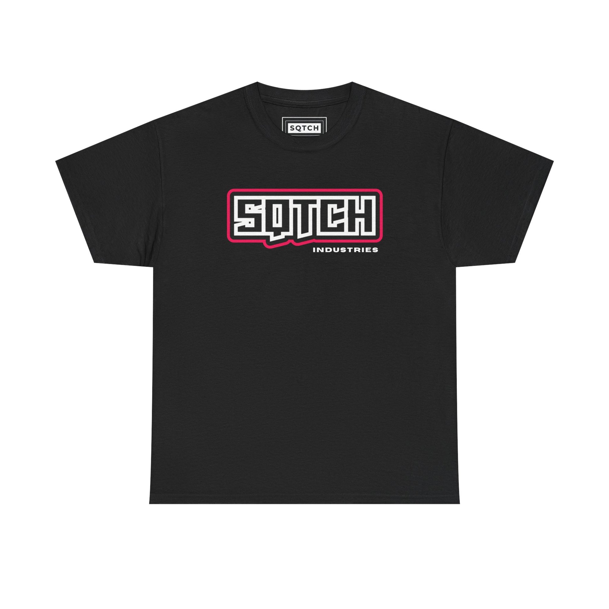 Black t-shirt with the Sqtch Industries Essential Logo printed in white and red on the front.