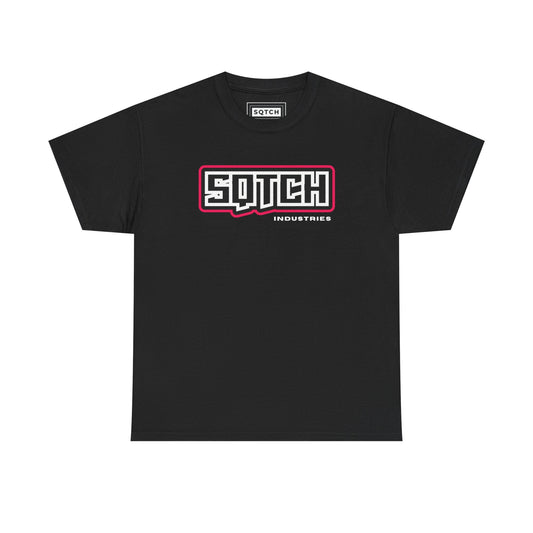 Black t-shirt with the Sqtch Industries Essential Logo printed in white and red on the front.