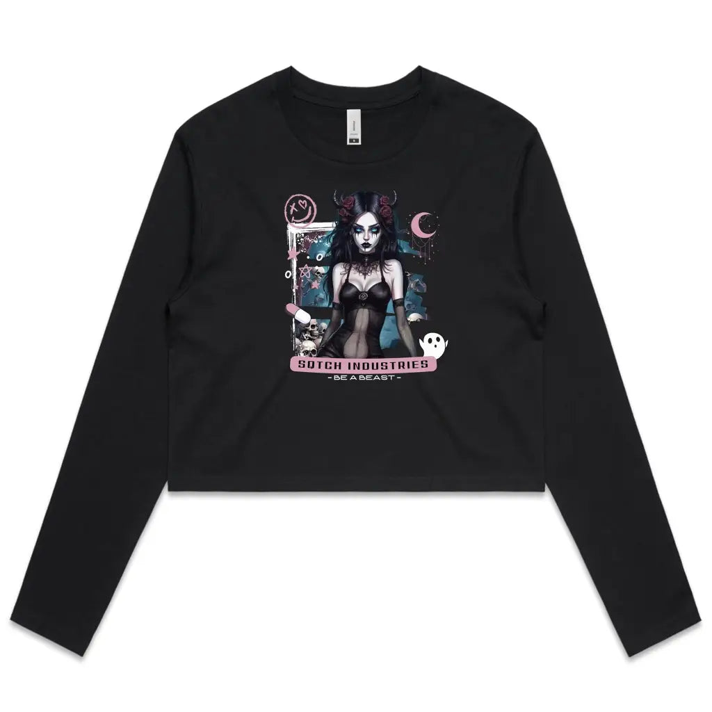 Sucubus Witch Graphic - Ladies Long Sleeve Crop Tee Black / Extra Small ladies, longsleeve