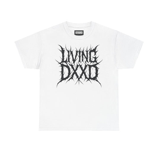 White t-shirt with black 'Living Dxxd' graphic design on a white background
